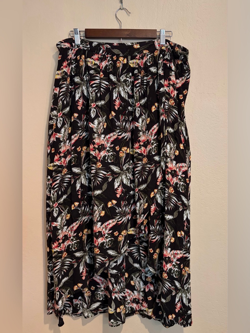 Black Tropical Floral High Low Skirt, w/ Overlap Layers and Slip Underneath, L
